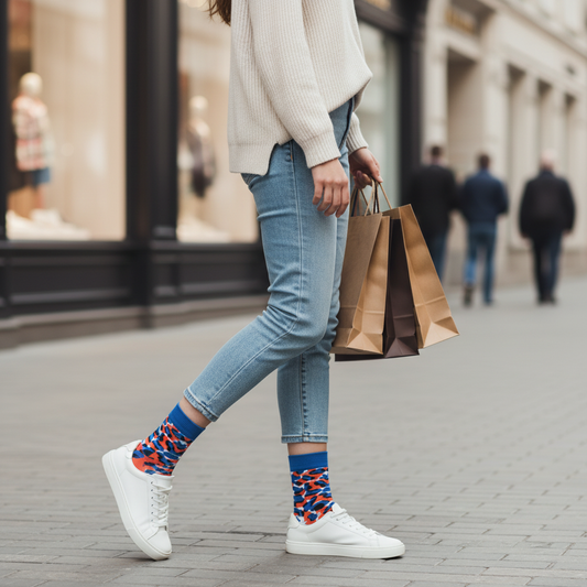 Young woman shopping wearing camouflage socks